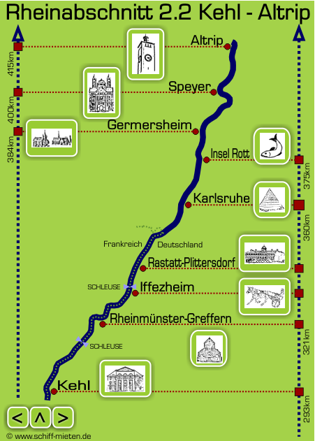 Landkarte Kehl Rheinmnster-Greffern Iffezheim Rastatt-Plittersdorf Karlsruhe Insel Rott Hochstetten Germersheim Rheinhausen Altluheim Speyer Altrip