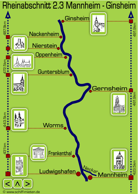 Landkarte Mannheim Ludwigshafen Frankenthal Worms Gernsheim Guntersblum Oppenheim Nierstein Nackenheim Ginsheim