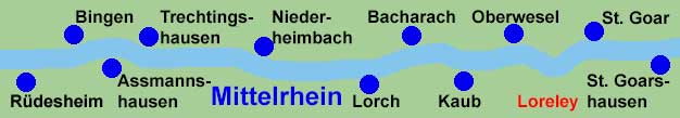 Rheinschifffahrt zwischen Rdesheim, Bingen, Assmannshausen, Trechtingshausen, Niederheimbach, Lorch, Bacharach, Kaub, Oberwesel, Loreley, St. Goar und St. Goarshausen.